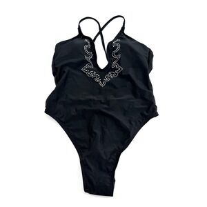 Wild Fable Black Rhinestone One Piece Swimsuit Women's M NWT High Leg Plunge